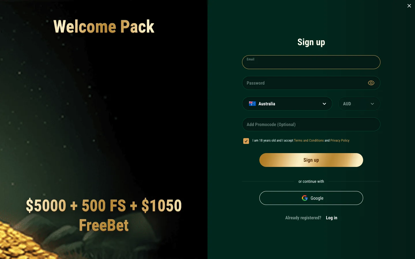 Richard Casino sign up form showing email, password and currency fields with AUD selected for Australia