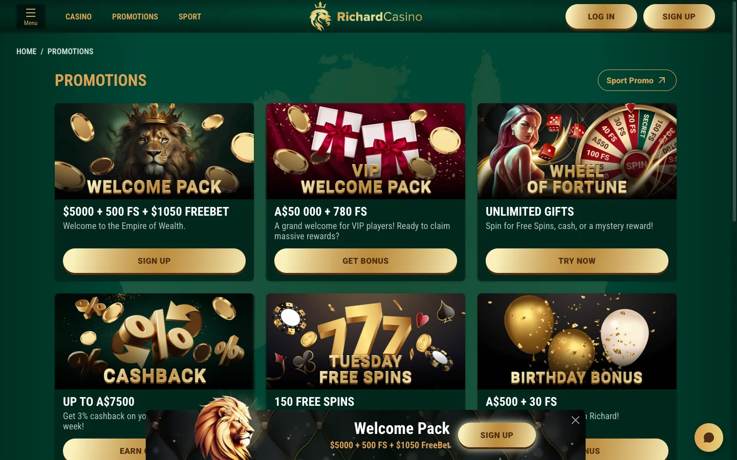 Richard Casino bonus page listing the A$5,000 welcome package for Australian players